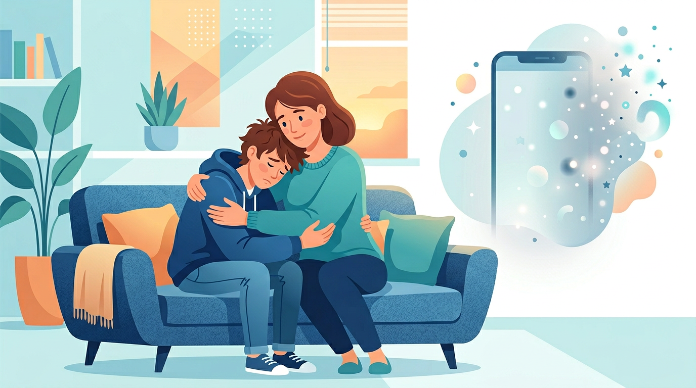 Parent embracing teenager compassionately