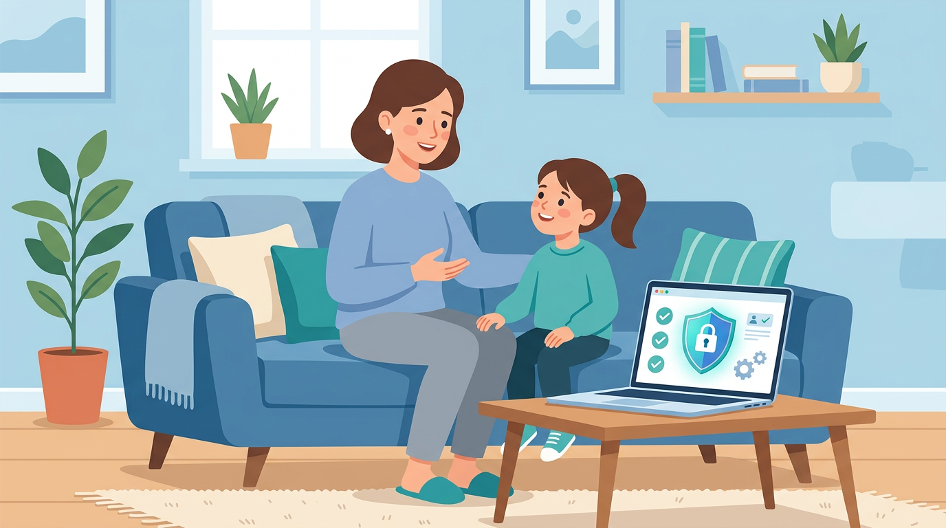 Parent having a calm conversation with child about online safety