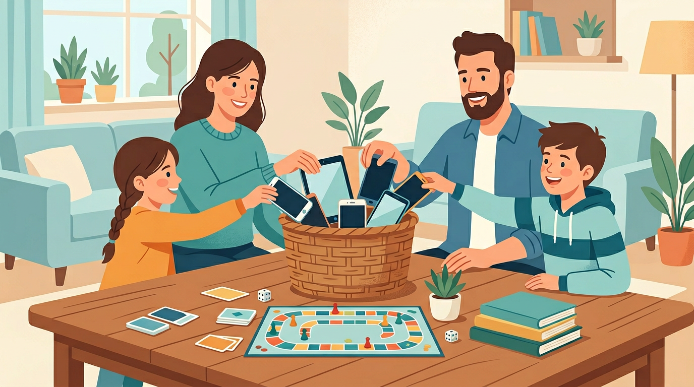Family putting devices in a basket for quality time together