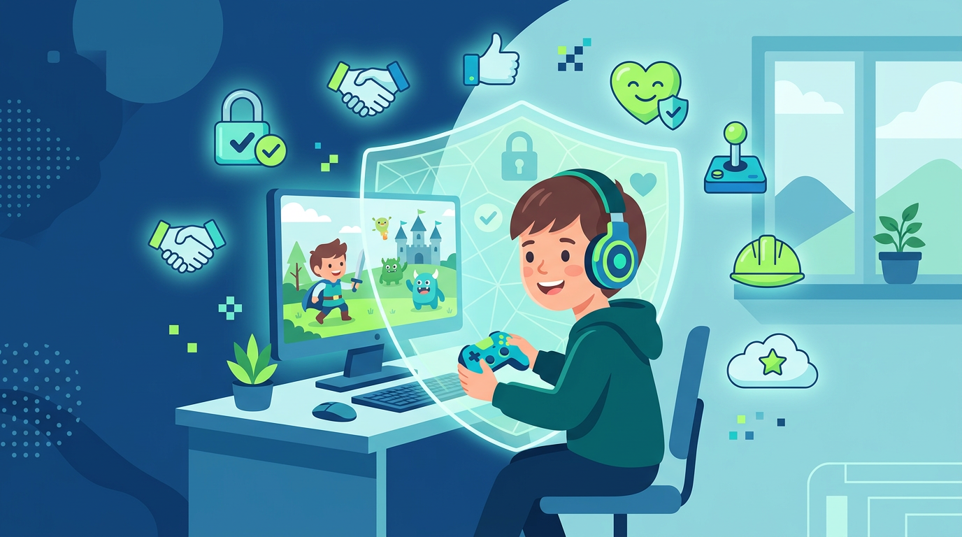 Child gaming with protective shield and safety icons