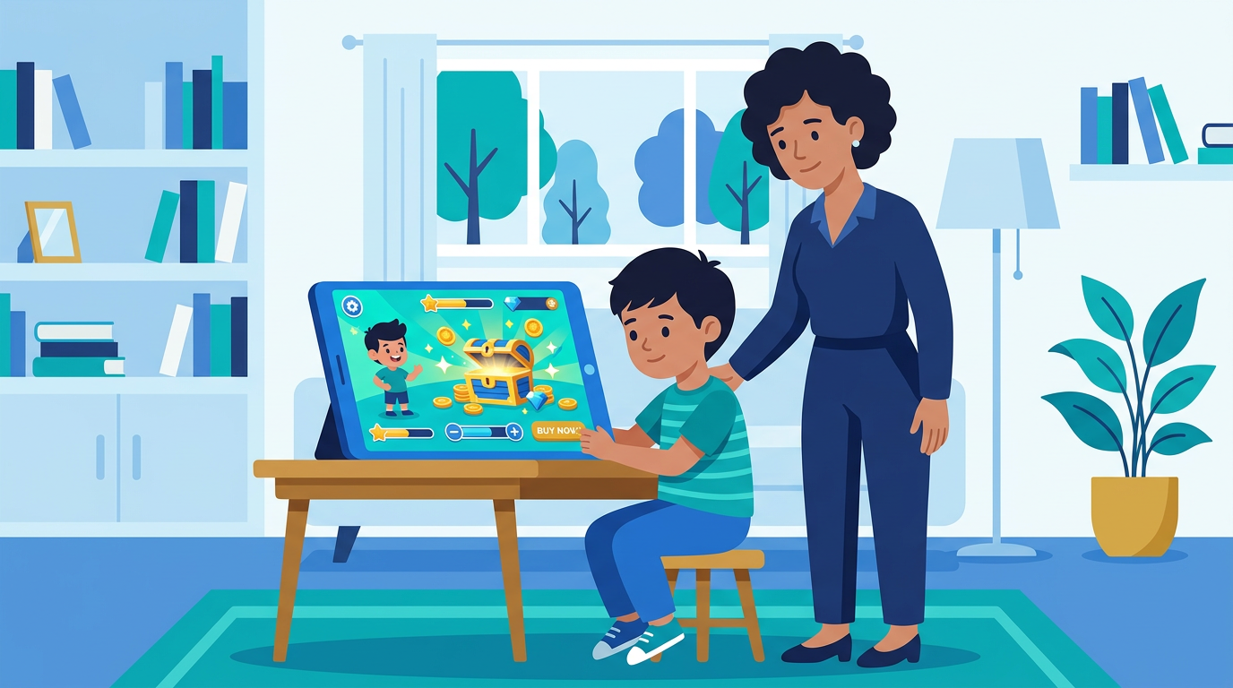 Child looking at game with treasure chest while parent guides
