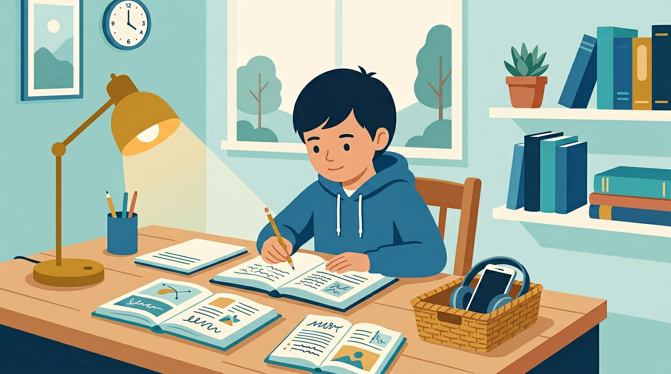 Child studying with focus at a desk