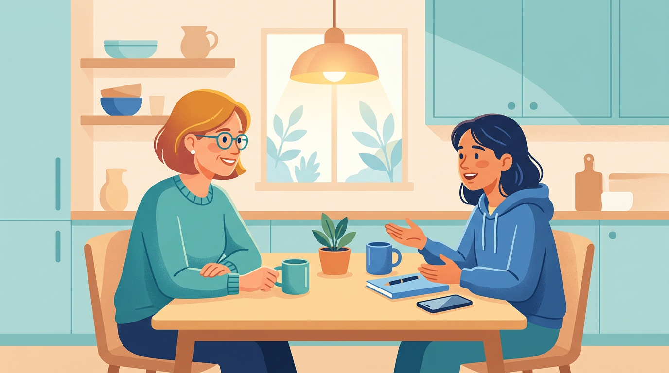 Parent and teenager having an open conversation at kitchen table