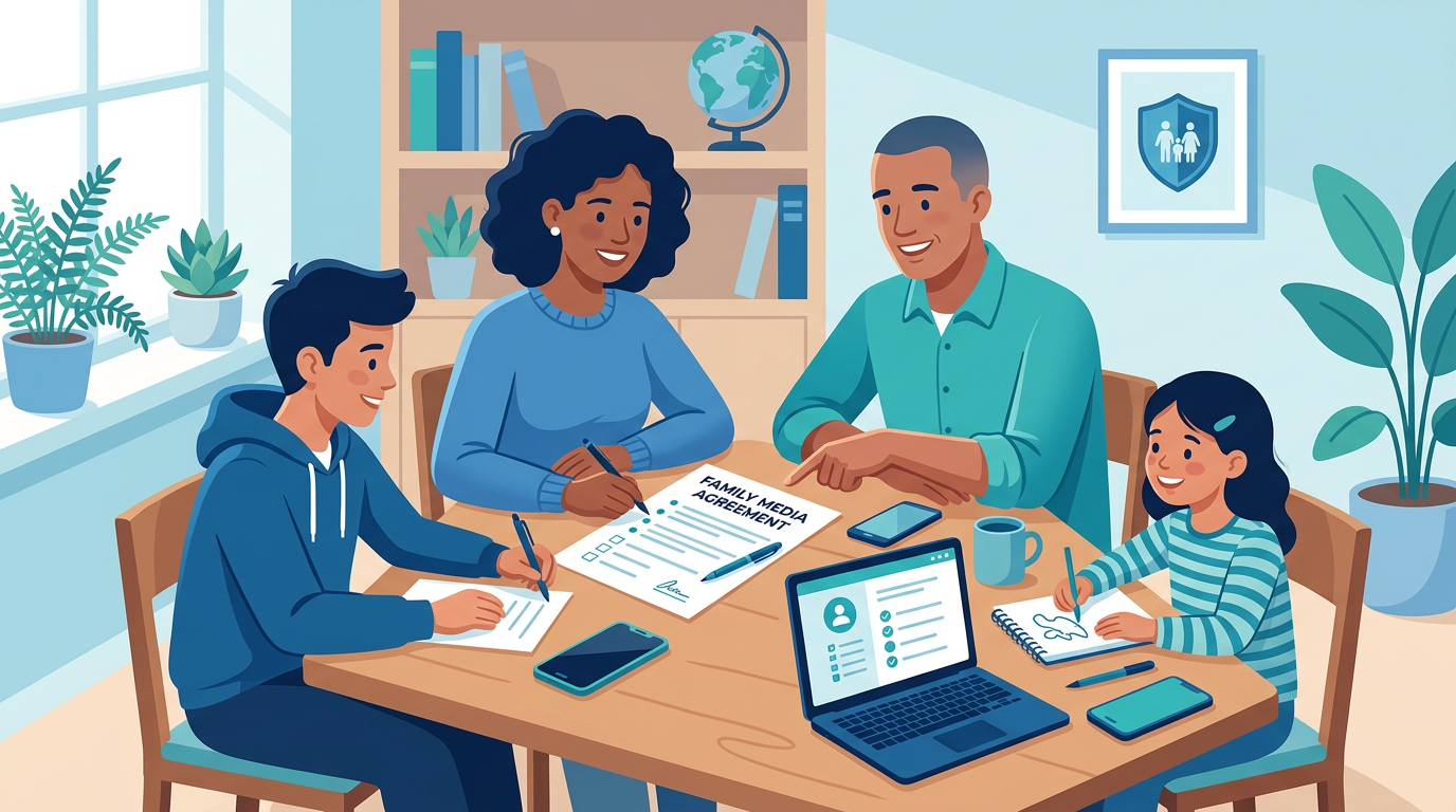 Family creating a media agreement together
