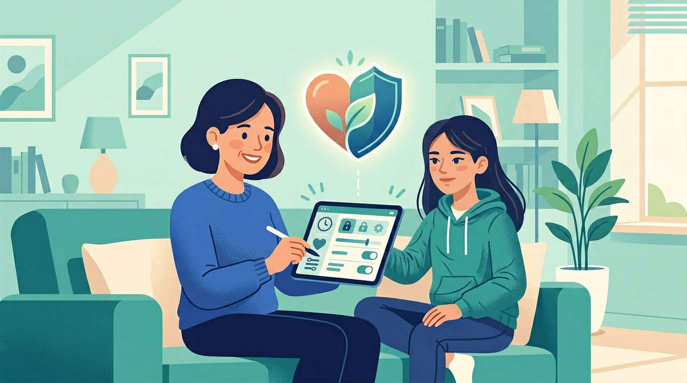 Parent setting up parental controls with teenager