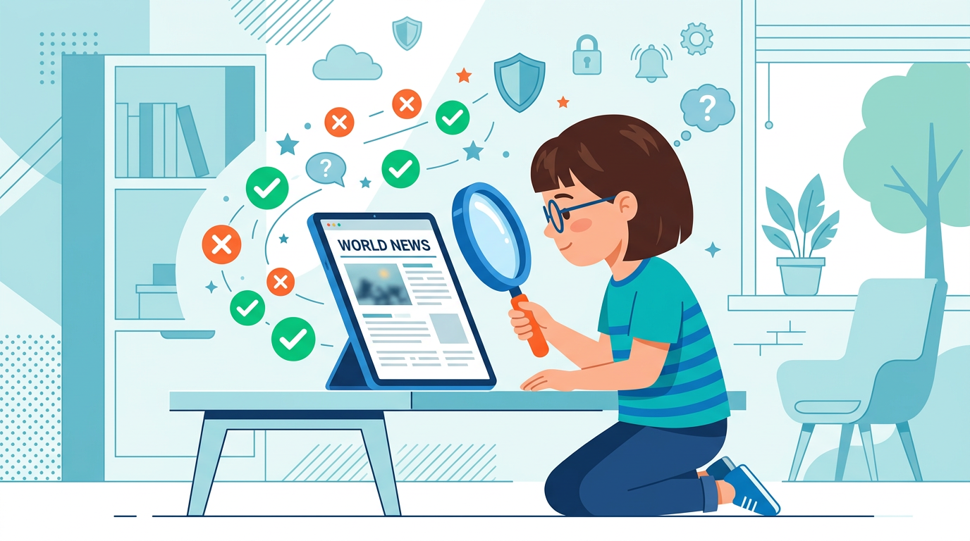 Child examining news on a screen with a magnifying glass