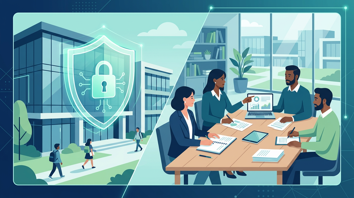 School building with digital shield and administrators meeting