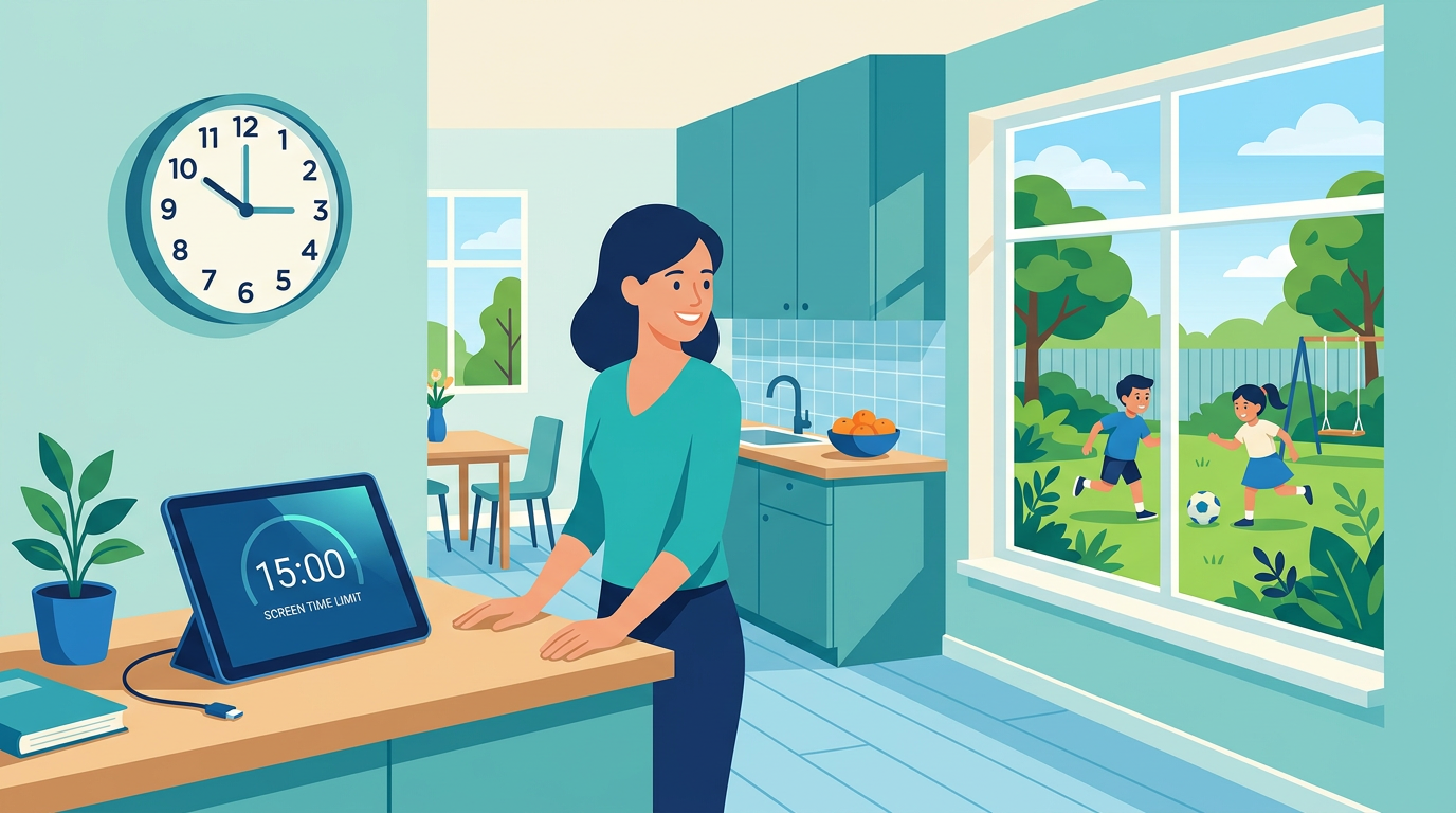 Kitchen with screen time timer and children playing outside