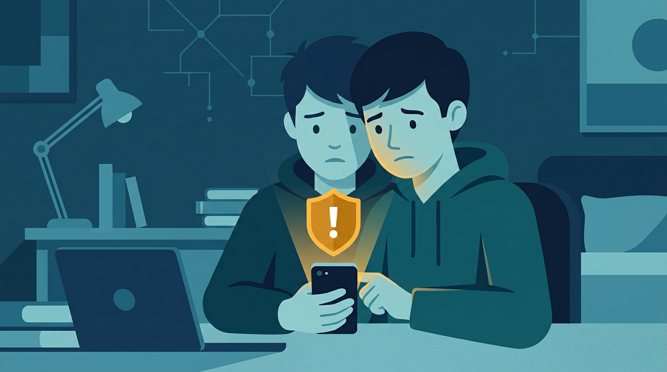 Teenagers looking at phone with warning shield icon