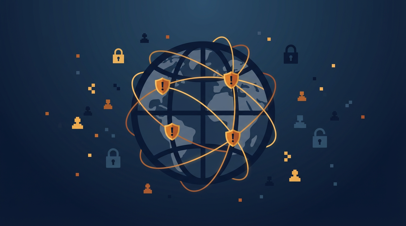 Globe with connected warning shields representing global threat
