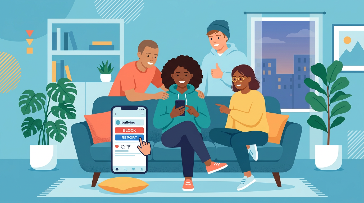 Teenagers supporting each other with block and report buttons