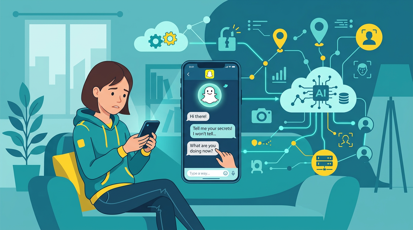 Teen looking skeptically at AI chatbot collecting data