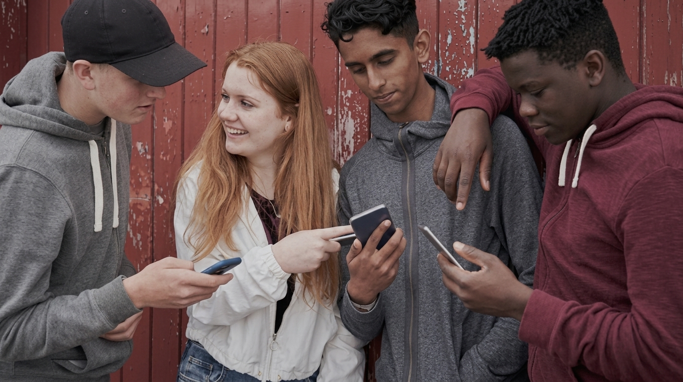 Group of teens looking at phones together