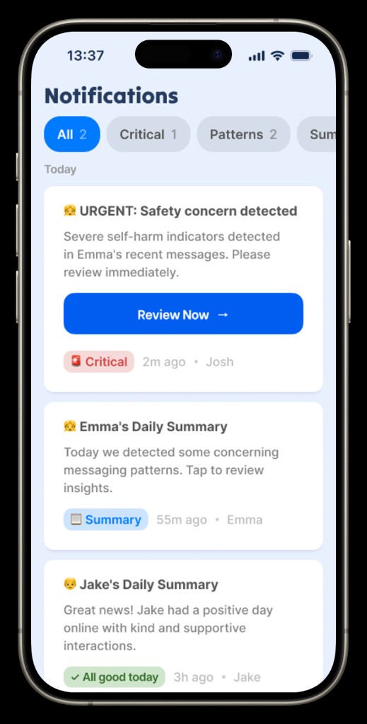 CyberSafely Notifications screen